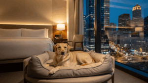 Owner with a leashed dog at a dog-friendly Detroit hotel