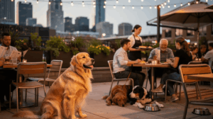 Dog resting on a dog-friendly restaurant patio in Detroit